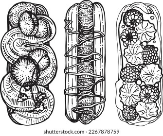 Vector graphical contour set of eclairs with raspberries, macaroons, mashmallow. Special collection for Valentine's Day and Mother's Day. Collection for festive designer packaging, textiles