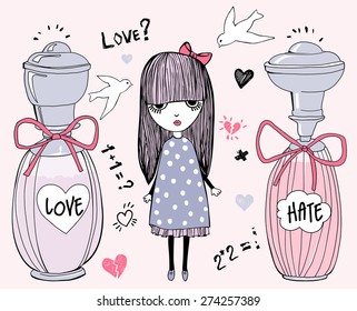 vector graphical cute stylish little girl illustration with parfume bottles, heart, love, hate words, birds, hand drawn 