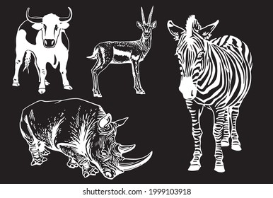 Vector graphical set of African animals isolated on black background,savanna habitants