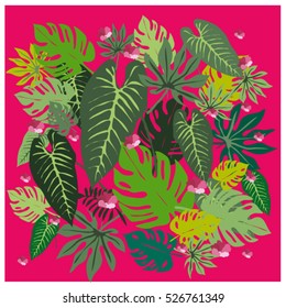 vector graphical tropical leaves bright pattern with vibrant texture in pop art style, modern summer background allover print. split leaf, philodendron, monstera leaves