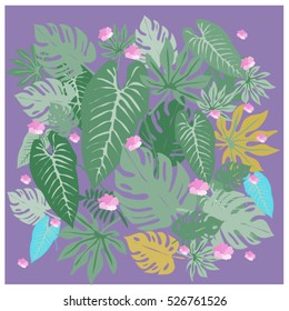 vector graphical tropical leaves bright pattern with vibrant texture in pop art style, modern summer background allover print. split leaf, philodendron, monstera leaves