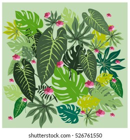 vector graphical tropical leaves bright pattern with vibrant texture in pop art style, modern summer background allover print. split leaf, philodendron, monstera leaves