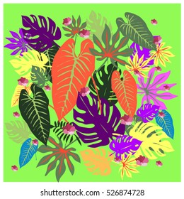 vector graphical tropical leaves bright pattern with vibrant texture in pop art style, modern summer background allover print. split leaf, philodendron, monstera leaves