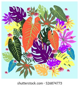 vector graphical tropical leaves bright pattern with vibrant texture in pop art style, modern summer background allover print. split leaf, philodendron, monstera leaves