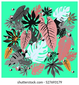 vector graphical tropical leaves bright pattern with vibrant texture in pop art style, modern summer background allover print. split leaf, philodendron, monstera leaves