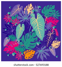 vector graphical tropical leaves bright pattern with vibrant texture in pop art style, modern summer background allover print. split leaf, philodendron, monstera leaves