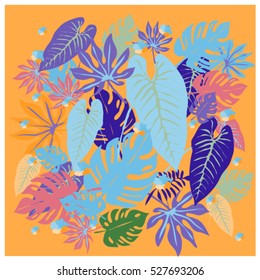 vector graphical tropical leaves bright pattern with vibrant texture in pop art style, modern summer background allover print. split leaf, philodendron, monstera leaves