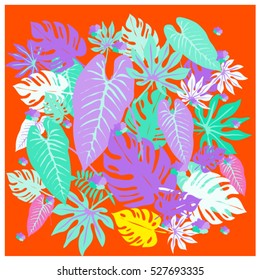 vector graphical tropical leaves bright pattern with vibrant texture in pop art style, modern summer background allover print. split leaf, philodendron, monstera leaves