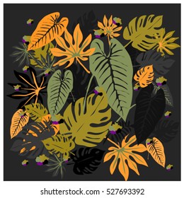 vector graphical tropical leaves bright pattern with vibrant texture in pop art style, modern summer background allover print. split leaf, philodendron, monstera leaves