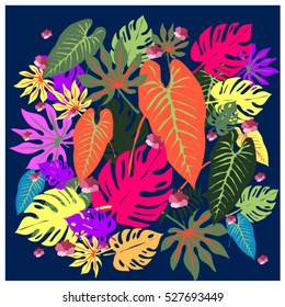 las hojas tropicales gráficas vectoriales con un brillante patrón de textura en el estilo de arte pop, moderno fondo de verano de la impresión. hojas divididas, philodendron, hojas monsteras