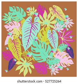 vector graphical tropical leaves bright pattern with vibrant texture in pop art style, modern summer background allover print. split leaf, philodendron, monstera leaves