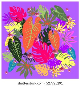 vector graphical tropical leaves bright pattern with vibrant texture in pop art style, modern summer background allover print. split leaf, philodendron, monstera leaves