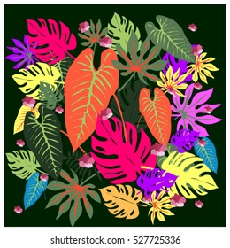 vector graphical tropical leaves bright pattern with vibrant texture in pop art style, modern summer background allover print. split leaf, philodendron, monstera leaves
