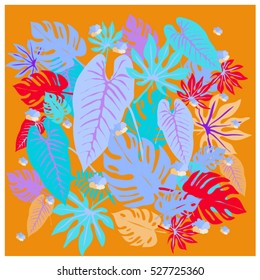 vector graphical tropical leaves bright pattern with vibrant texture in pop art style, modern summer background allover print. split leaf, philodendron, monstera leaves