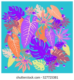 vector graphical tropical leaves bright pattern with vibrant texture in pop art style, modern summer background allover print. split leaf, philodendron, monstera leaves