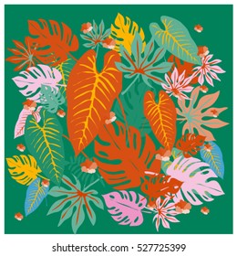vector graphical tropical leaves bright pattern with vibrant texture in pop art style, modern summer background allover print. split leaf, philodendron, monstera leaves
