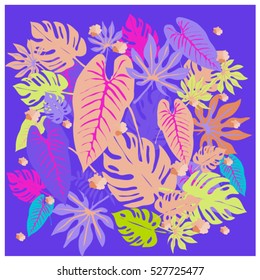 vector graphical tropical leaves bright pattern with vibrant texture in pop art style, modern summer background allover print. split leaf, philodendron, monstera leaves
