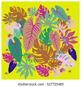 vector graphical tropical leaves bright pattern with vibrant texture in pop art style, modern summer background allover print. split leaf, philodendron, monstera leaves