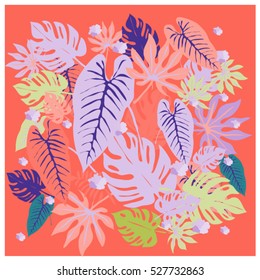 vector graphical tropical leaves bright pattern with vibrant texture in pop art style, modern summer background allover print. split leaf, philodendron, monstera leaves