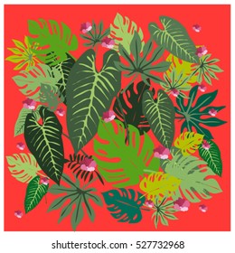 vector graphical tropical leaves bright pattern with vibrant texture in pop art style, modern summer background allover print. split leaf, philodendron, monstera leaves