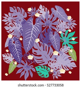 vector graphical tropical leaves bright pattern with vibrant texture in pop art style, modern summer background allover print. split leaf, philodendron, monstera leaves
