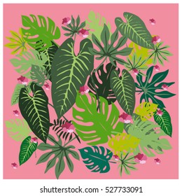 vector graphical tropical leaves bright pattern with vibrant texture in pop art style, modern summer background allover print. split leaf, philodendron, monstera leaves
