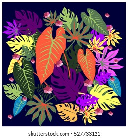 vector graphical tropical leaves bright pattern with vibrant texture in pop art style, modern summer background allover print. split leaf, philodendron, monstera leaves