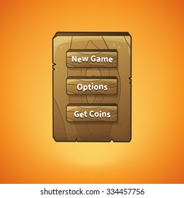 Vector graphical user interface (UI GUI) for 2d video games. Wooden menu, panels and buttons for menu.