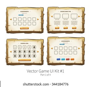 Vector graphical user interface (UI GUI) kit for 2d video games. Wooden menu, panels and buttons for menu.