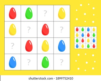 Vector graphics of 10 EPS. Colorful and bright eggs. A game for children. Child development. Printout for preschoolers. Puzzle, classes, riddle, logic game for the development of innate.