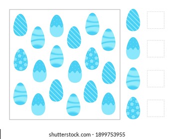 Gráficos vectores de 10 EPS. Huevos coloridos y luminosos. Un juego para los niños. Desarrollo infantil. Impreso para preescolares. Rompecabezas, clases, acertijo, juego lógico para el desarrollo de los innatos.