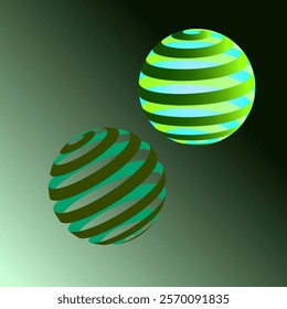 Vector graphics. 3D symbol, logo. Symbol of the Earth. On a green background, two volumetric empty spheres in green tones.
