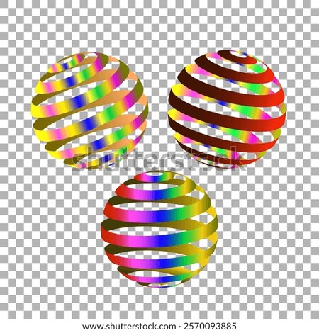 Vector graphics. 3D symbol, logo. On a transparent background, three volumetric empty spheres in rainbow colors.