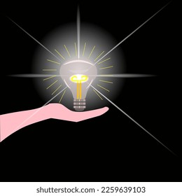 Vector graphics. Abstract business background. On the open palm there is a luminous light bulb.