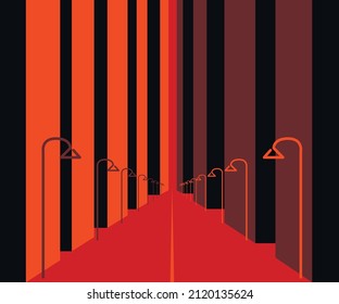 Vector graphics - abstract city street in perspective with facades of modern skyscrapers, lanterns and an empty road