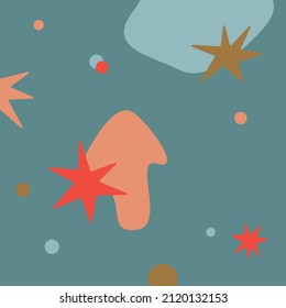 Vector graphics are an abstract composition with stars, circles and chaotic spots on a trending gray background.