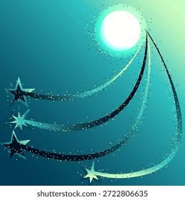 Gráficos de Vector. Abstractas. Cuatro estrellas brillantes emergen de una Grande esfera brillante sobre un fondo azul degradado.