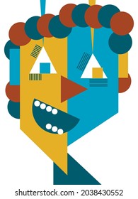 Vector graphics - an abstract male face made of simple geometric shapes of trendy colors in close-up on a white background. Concept Surrealism