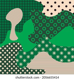 Vector graphics - abstract pattern - chaotic curves spots of green shades with geometric ornament of trend colors