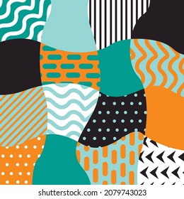 Vector graphics are an abstract pattern with curved patches and chaotic geometric shapes of trending colors. Concept - fashion print