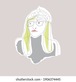 Gráficos vectoriales. Retrato abstracto. líneas curvas. Chica con gafas.