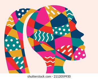 Vector graphics - an abstract portrait of a woman in profile made of multicolored mosaics and chaotic spots isolated. Concept avatar