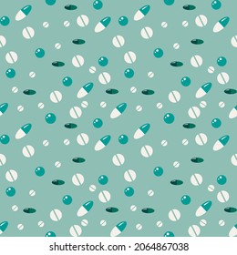 Vector graphics - abstract seamless pattern - pills, pills and capsules scattered on a green trend background. Concept - health and medicine and pharmacy paper packaging