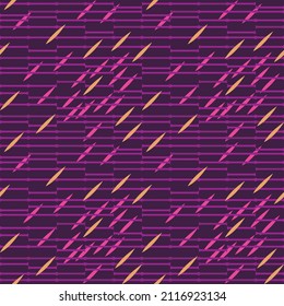 Vector graphics are an abstract seamless pattern with horizontal lines - bamboo stalks and randomly scattered petals on a dark purple background. Concept textiles or wallpaper