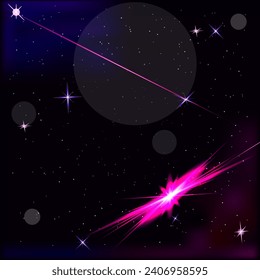 Vector graphics. Abstract star background. On a dark background there are many stars, flickering highlights and distant planets.