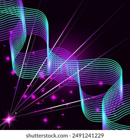 Vector graphics. Abstract star background. On a black background there are bright stars, rays and bright glowing, intertwined lines.