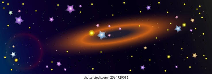 Vector graphics. Abstract starry background. On a dark blue background there are many bright stars and an orange bright glow.