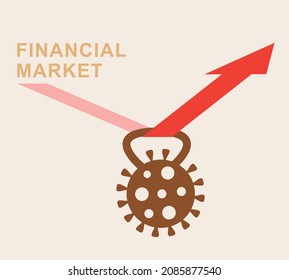 Vector graphics - an abstract weight similar to a coronavirus molecule pulls down a red arrow. Concept - financial market in the context of the coronavirus pandemic