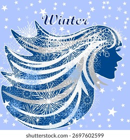 Gráficos de Vector. Abstractas. Chica de invierno. Silueta de una chica con el pelo suelto y copos de nieve.