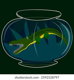 Vector graphics. Abstraction. Allegory. Green crocodile swims in a large glass jar.